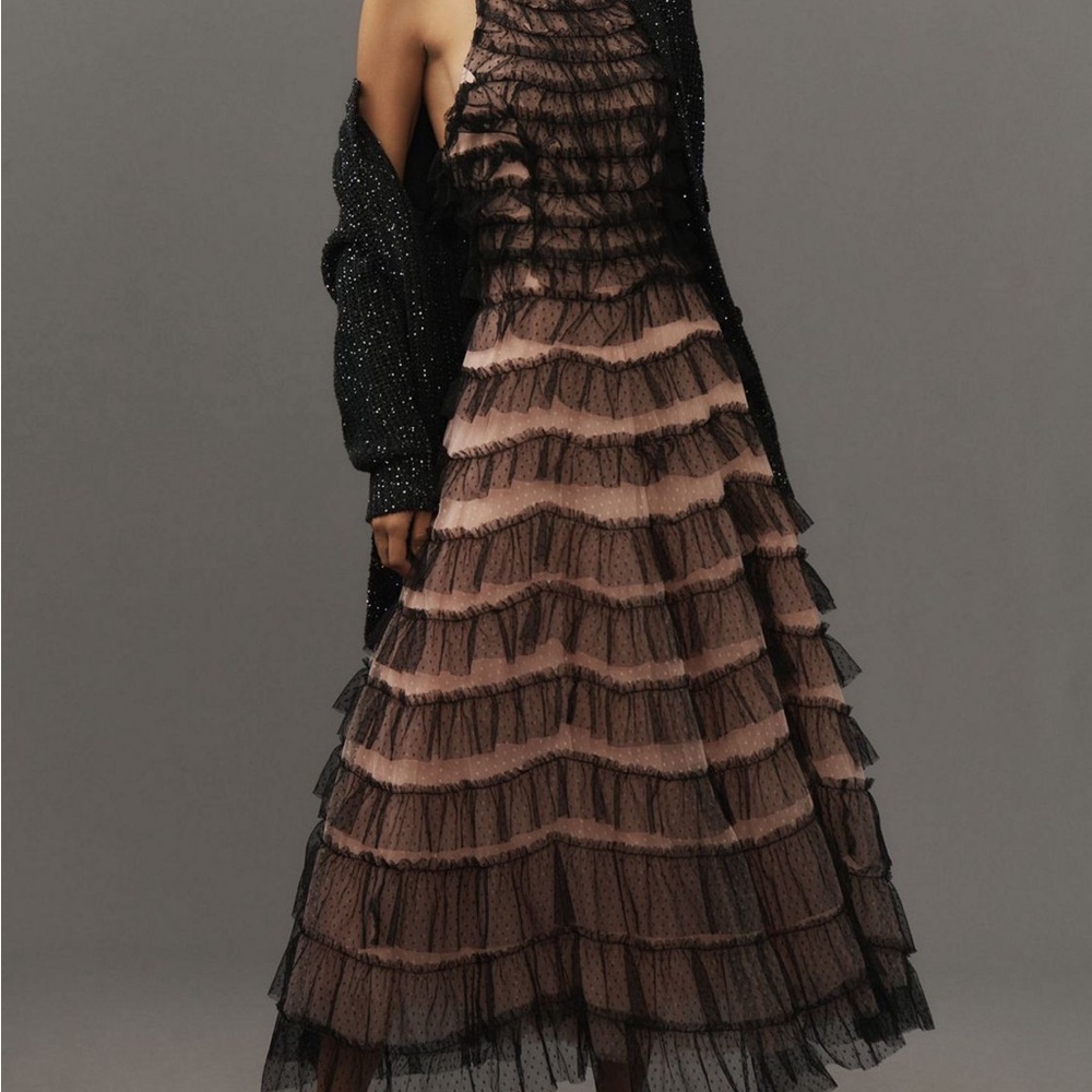 Anthropologie Black and Nude Tiered Ruffle Midi Dress Large